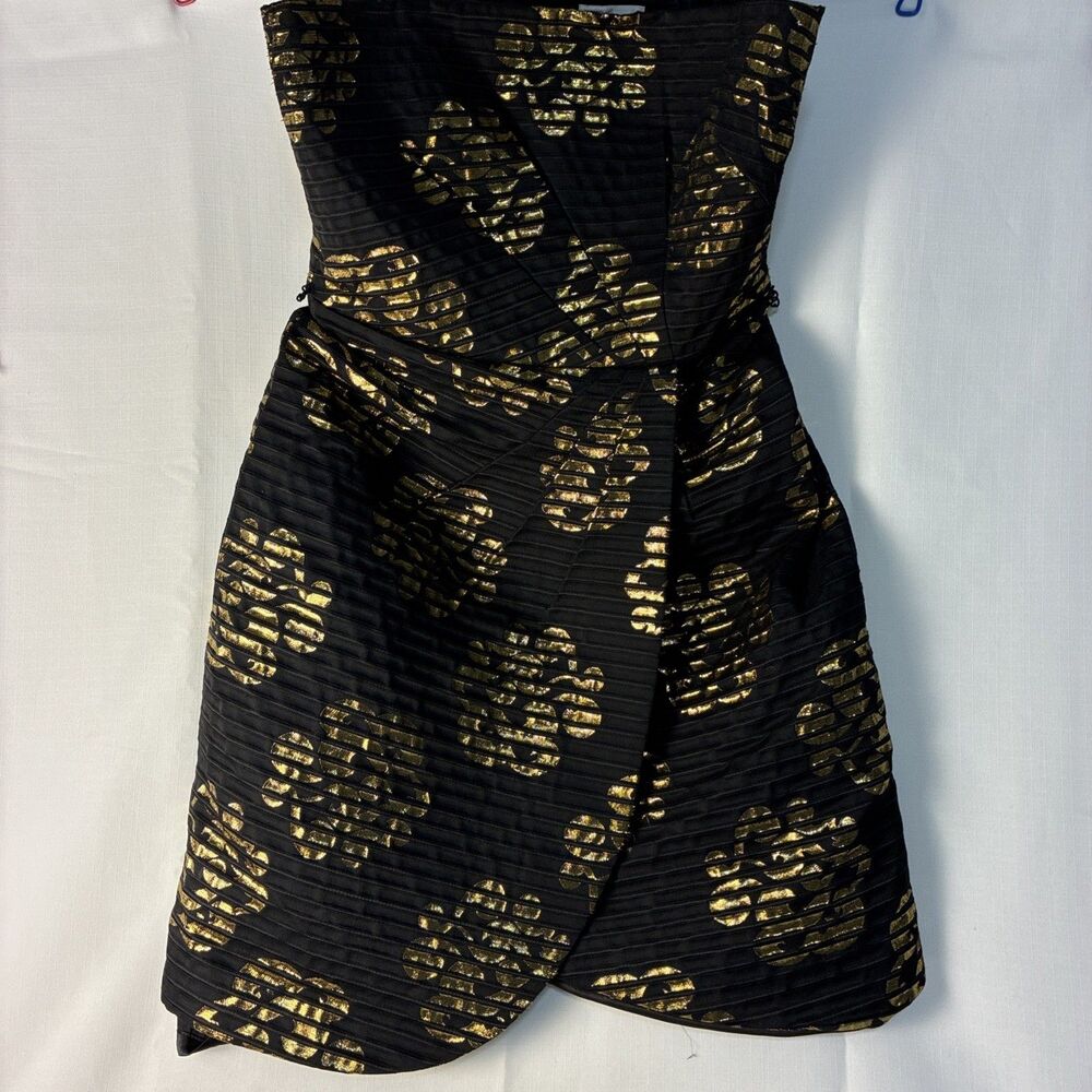 Milly NY Black Gold Metallic Floral Textured off Shoulder Mini Dress 6 New Years